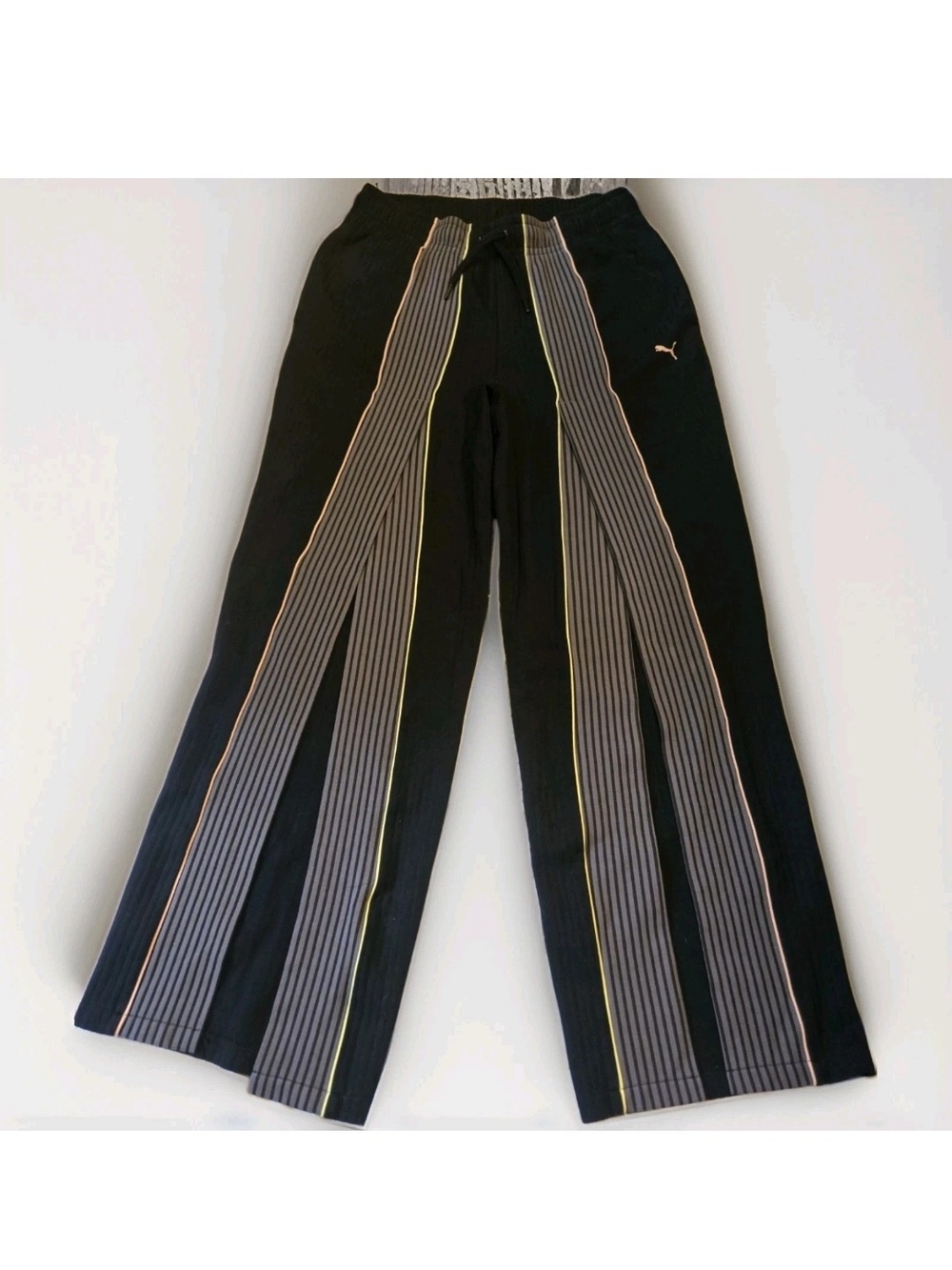 Puma Black Wide-Leg Pants with Gray Pinstripe Panels and Yellow Trim